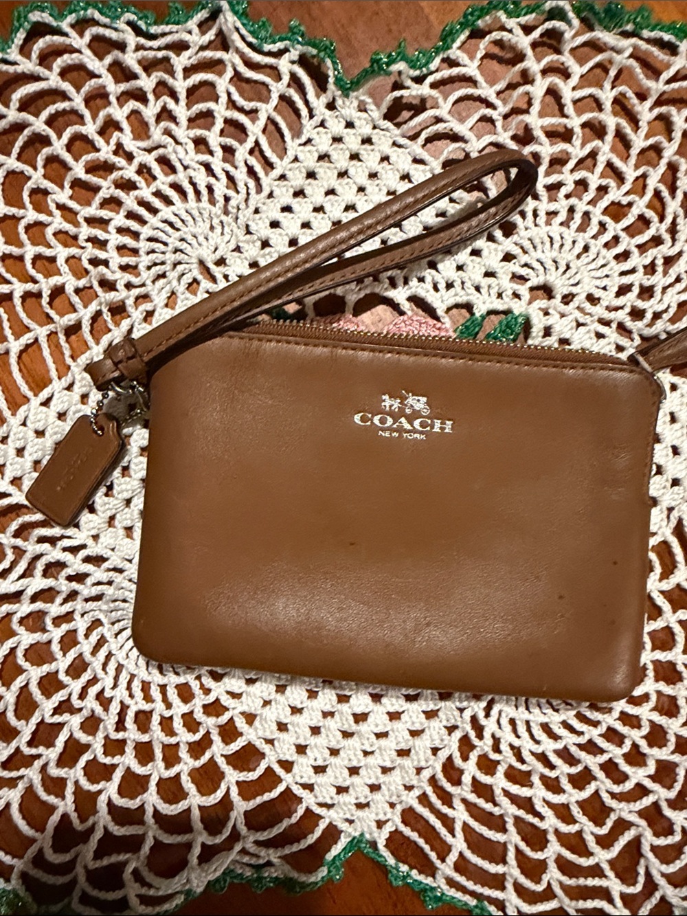 COACH Brown Leather Wristlet Clutch with Logo